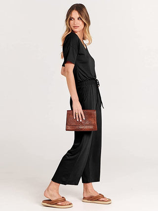 Style & Co Women's Short Sleeve V Neck Blouse Capri Jumpsuit Black Size Petite M