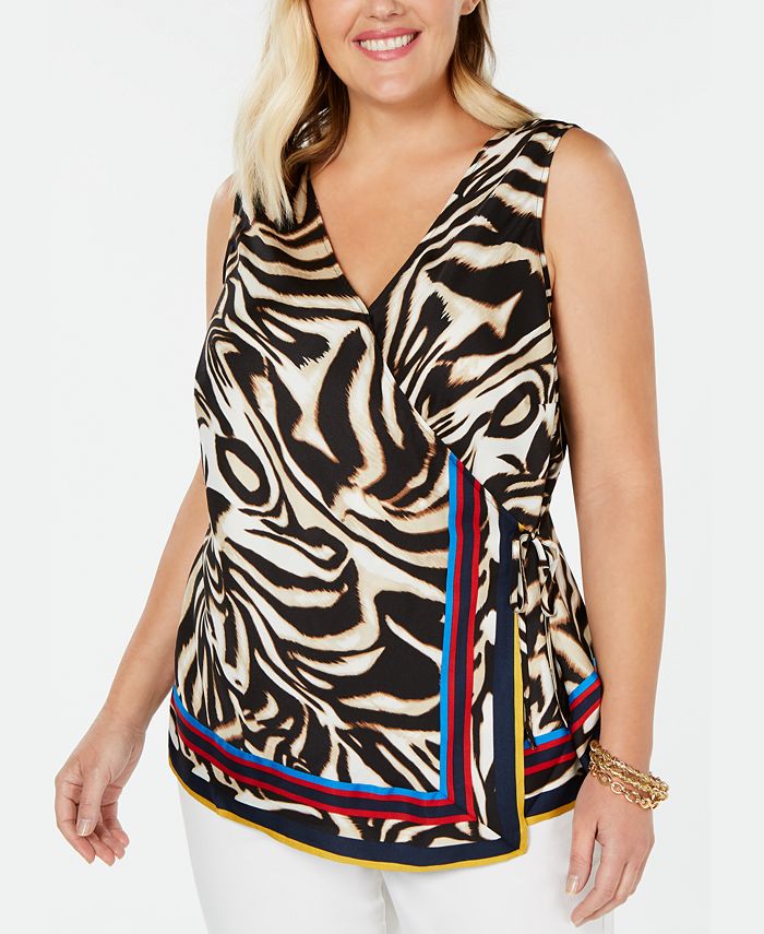 INC International Concepts Women's Plus Faux Wrap Animal Print Top Yellow Size 2X