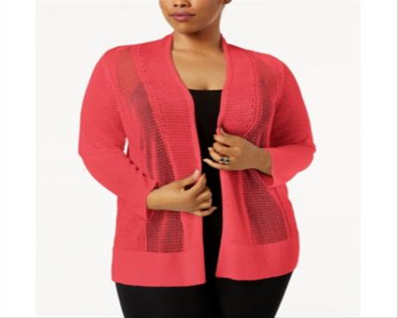 Alfani Women's Plus Mixed Stitch Lightweight Cardigan Sweater Red Size 2X