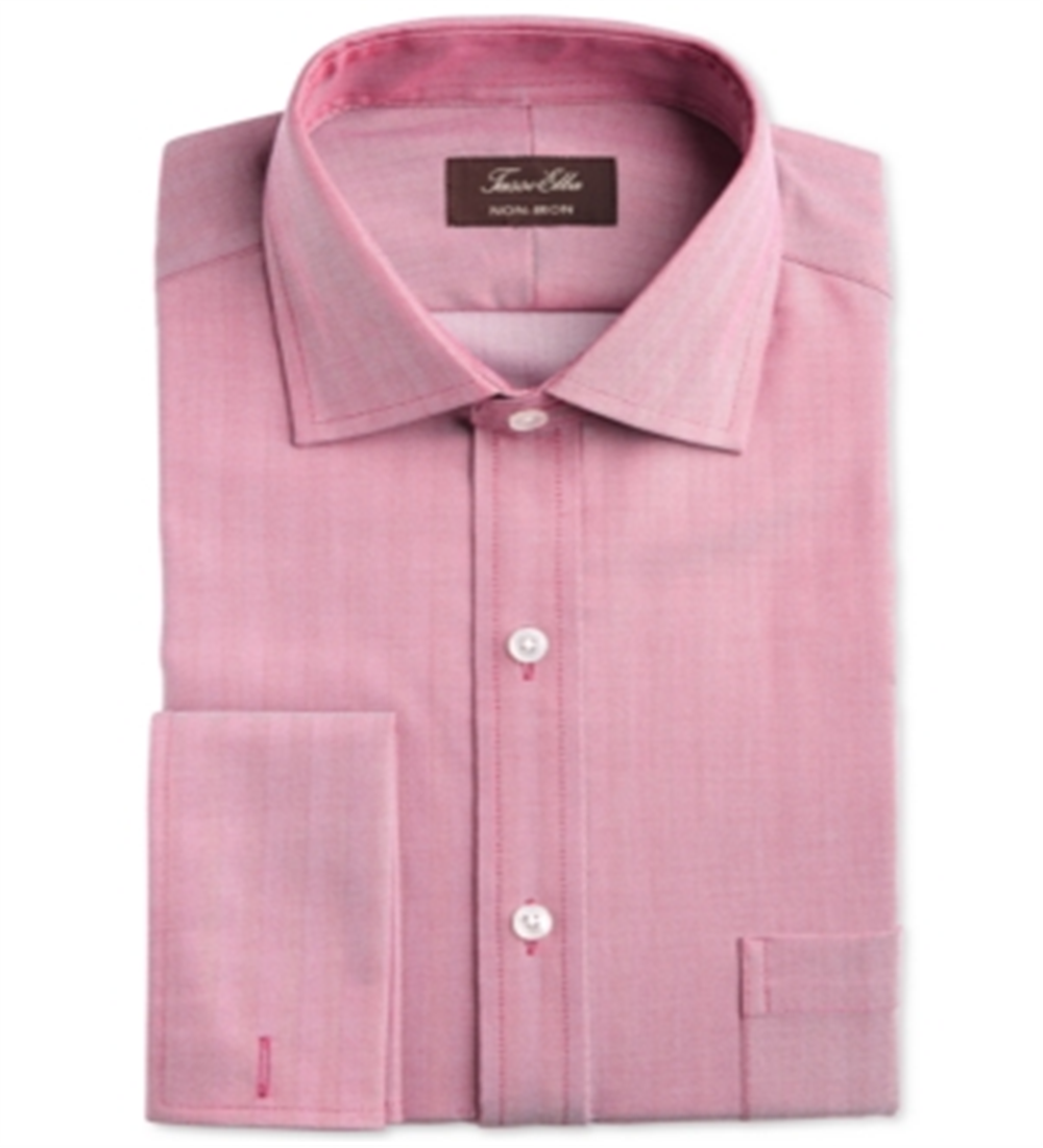 Tasso Elba Men's Slim Fit Non Iron Herringbone French Cuff Dress Shirt Red Size 14.5X32X33