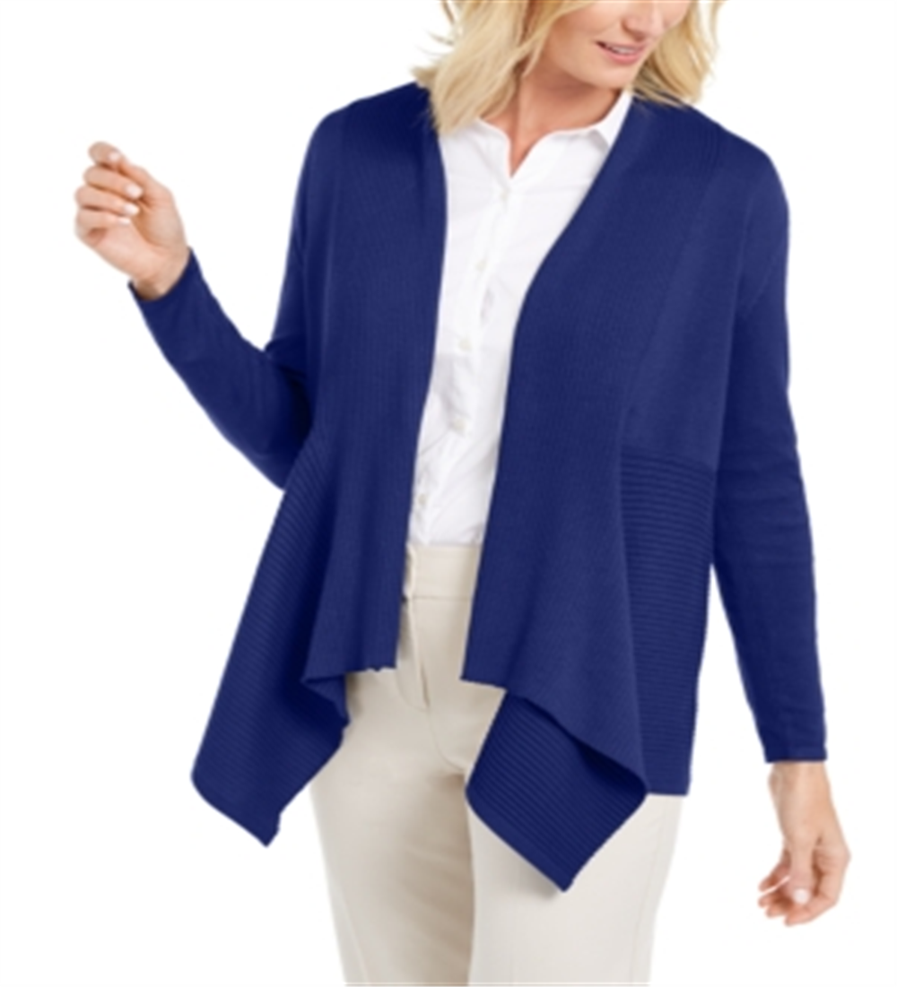 JM Collection Women's Mixed Ribbed Flyaway Cardigan  Blue Size Petite L