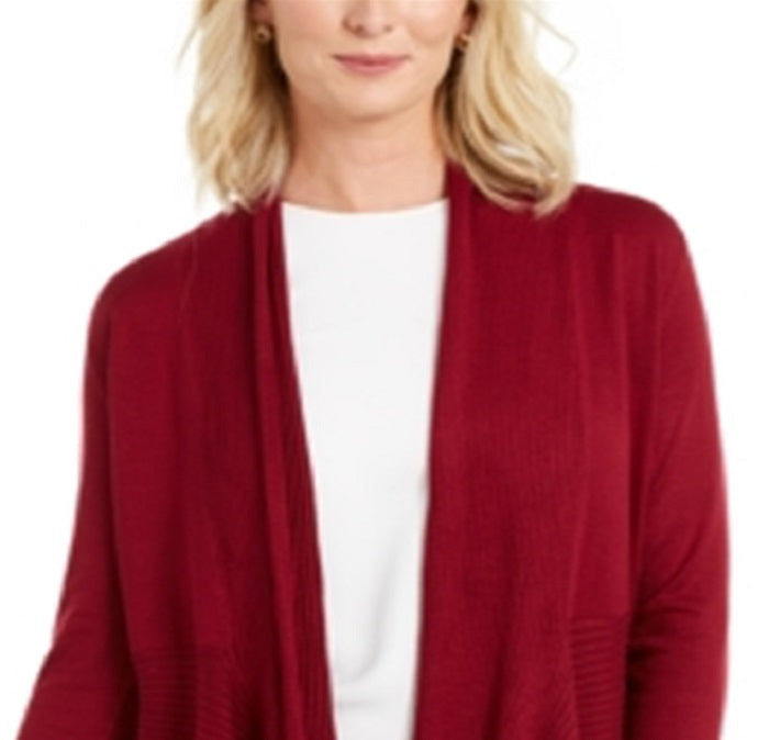 JM Collection Women's Mixed Ribbed Flyaway Cardigan Red Size Petite Medium