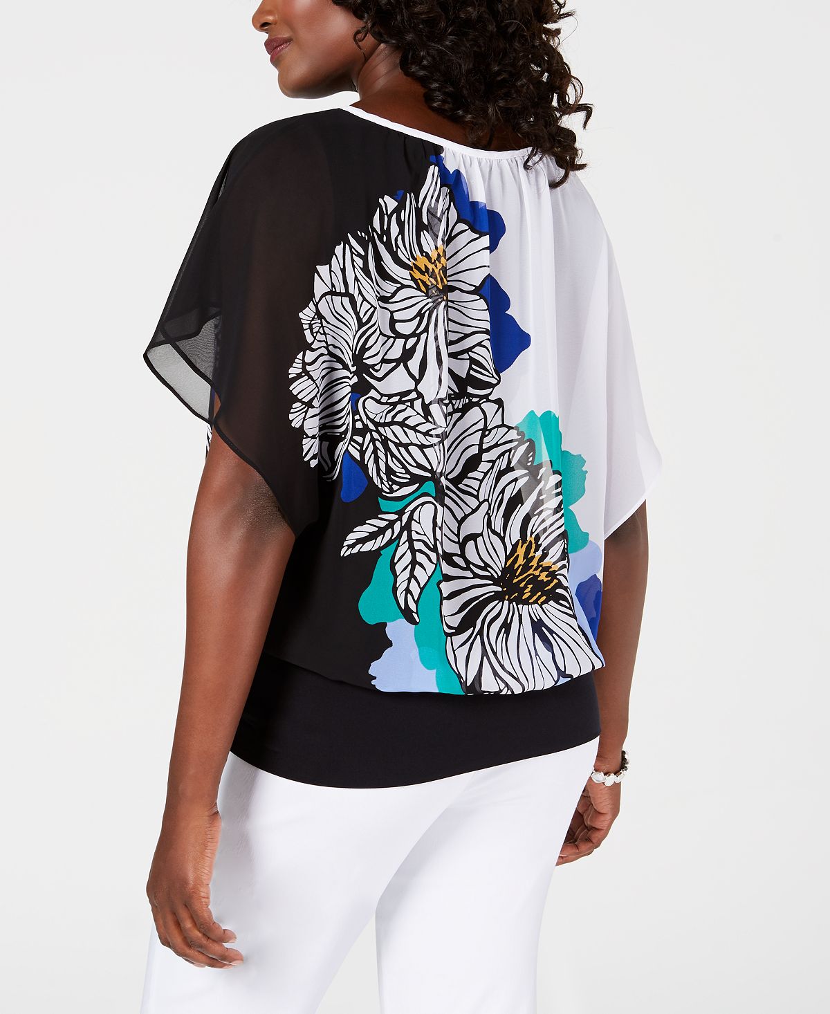 JM Collection Women's Printed Flutter Sleeve Top Black Size Petite
