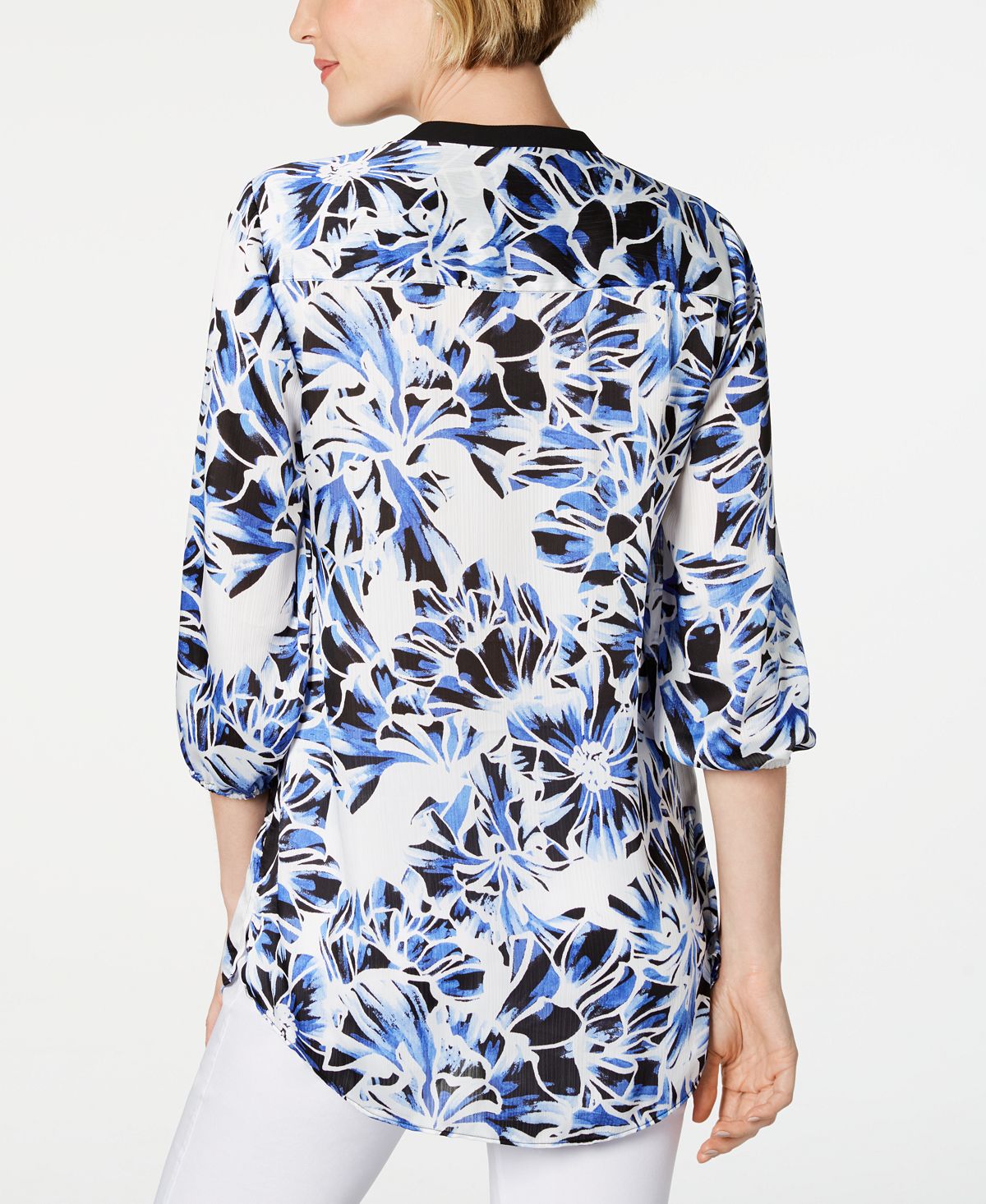 JM Collection Women's Contrast Trim Button Closures Printed Split Wear to Work Blouse Blue Size Petite Small