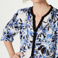 JM Collection Women's Contrast Trim Button Closures Printed Split Wear to Work Blouse Blue Size Petite Small