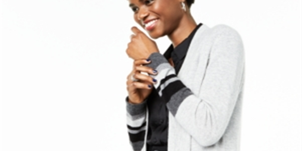 Charter Club Women's Striped Cashmere Cardigan Silver Size X-Large