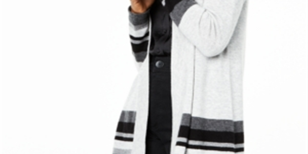 Charter Club Women's Striped Cashmere Cardigan Silver Size X-Large