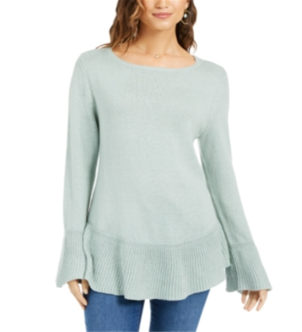 Style & Co Women's Ribbed Patterned Long Sleeve Jewel Neck Blouse Sweater Green Size Petite X-Large