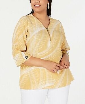 JM Collection Women's Printed Zip Front Top Yellow Size 2X
