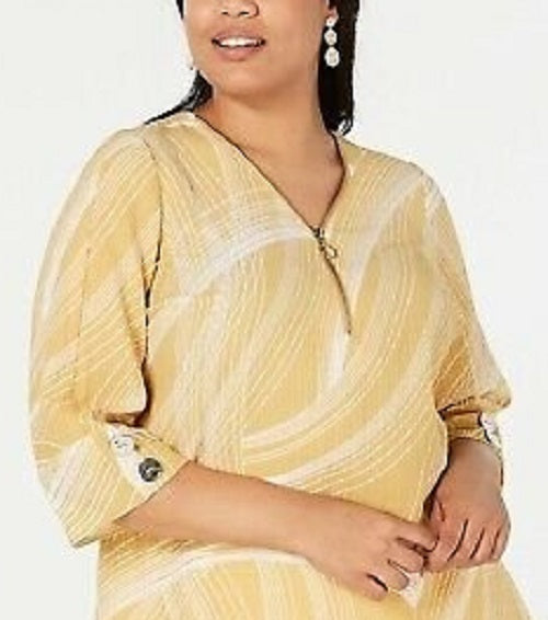 JM Collection Women's Printed Zip Front Top Yellow Size 2X