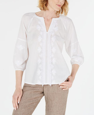 Charter Club Women's Cotton Embroidered Fringe Trim Top White Size Medium