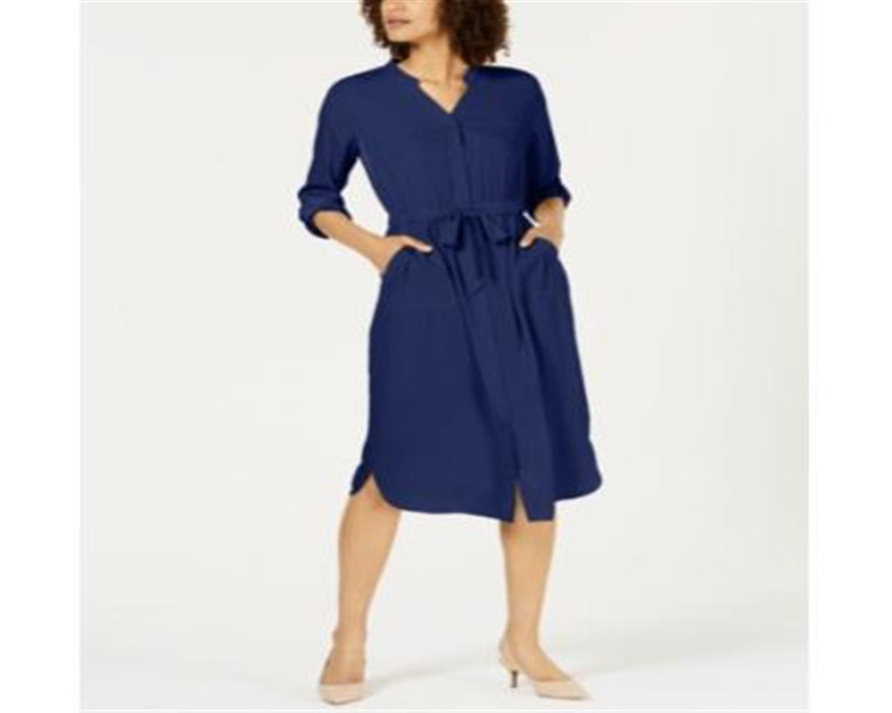 Alfani Women's 3/4 Sleeve Belted Shirtdress Blue Size 14 Petite