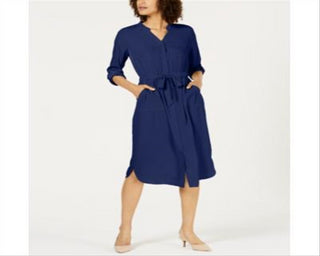 Alfani Women's 3/4 Sleeve Belted Shirtdress Blue Size 14 Petite