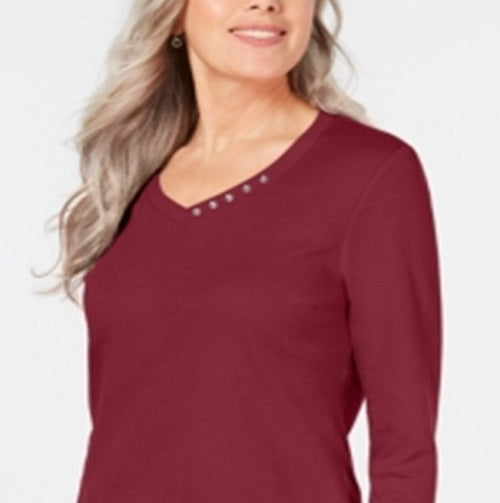 Karen Scott Women's Cotton V Neck Button Trim Top Red Size Small