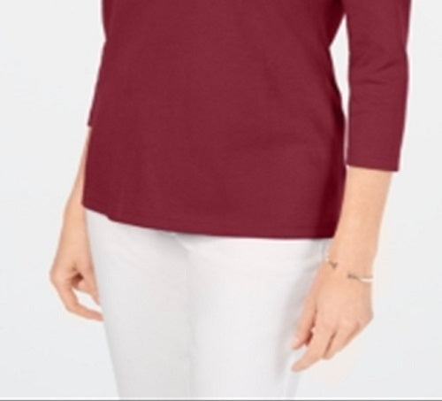 Karen Scott Women's Cotton V Neck Button Trim Top Red Size Small