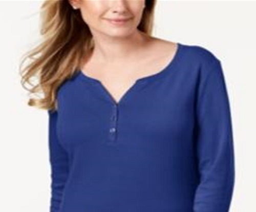 Karen Scott Women's Cotton Henley Top Blue Size Large