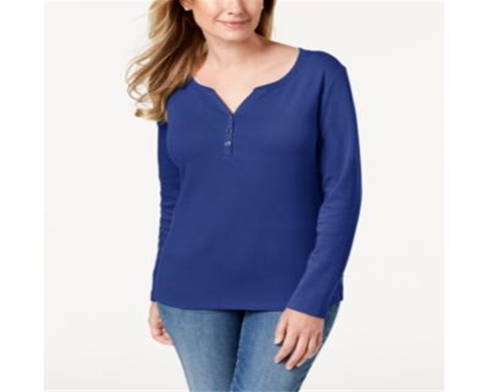 Karen Scott Women's Cotton Henley Top Blue Size Large