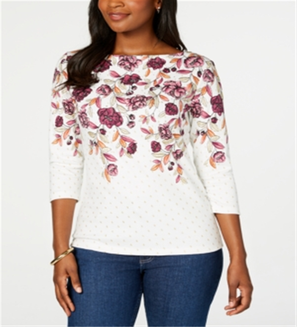 Karen Scott Women's Floral Print Beaded Top White Size S