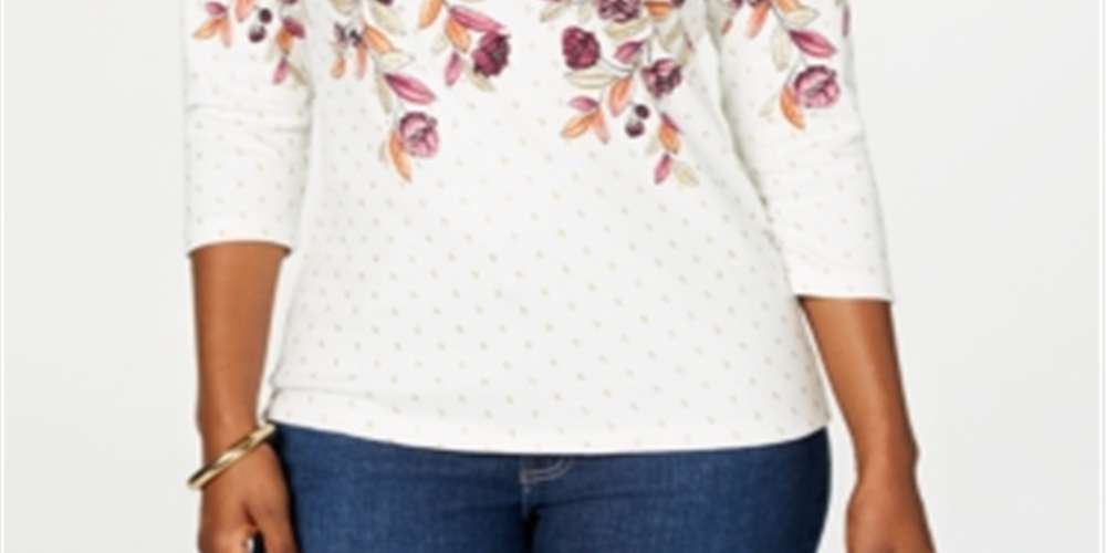 Karen Scott Women's Floral Print Beaded Top White Size S