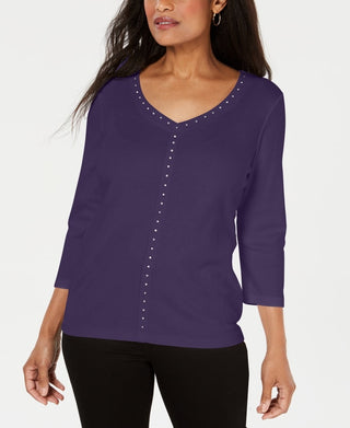 Karen Scott Women's Purple V Neck Studded Top