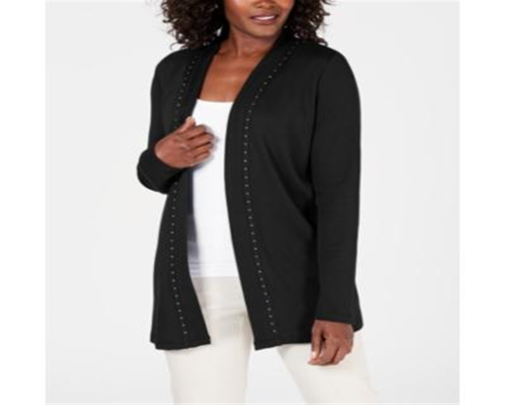 Karen Scott Women's Cotton Studded Open Front Cardigan Black Size Large