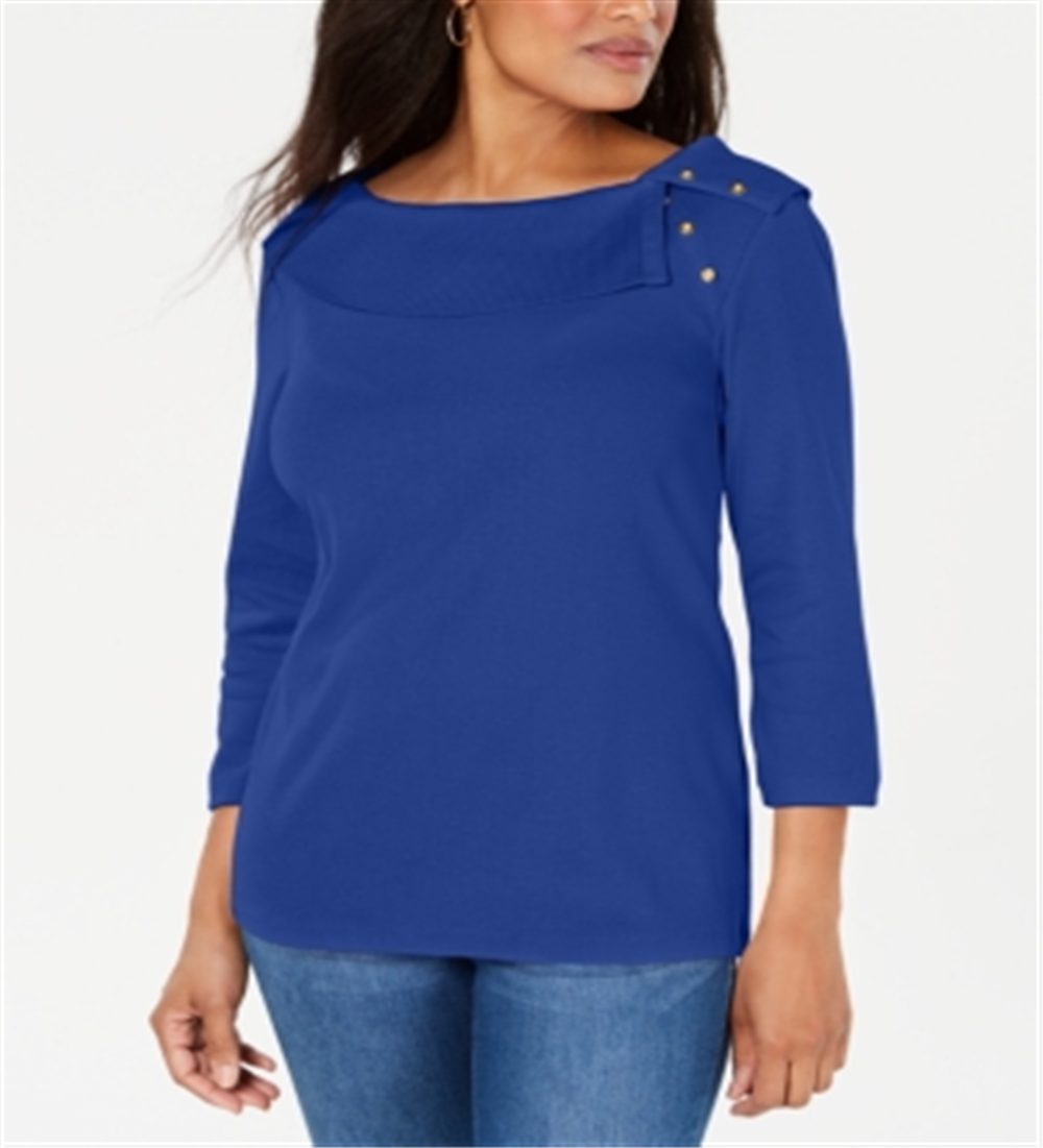 Karen Scott Women's Cotton Shawl Collar Button Top Blue Size Large