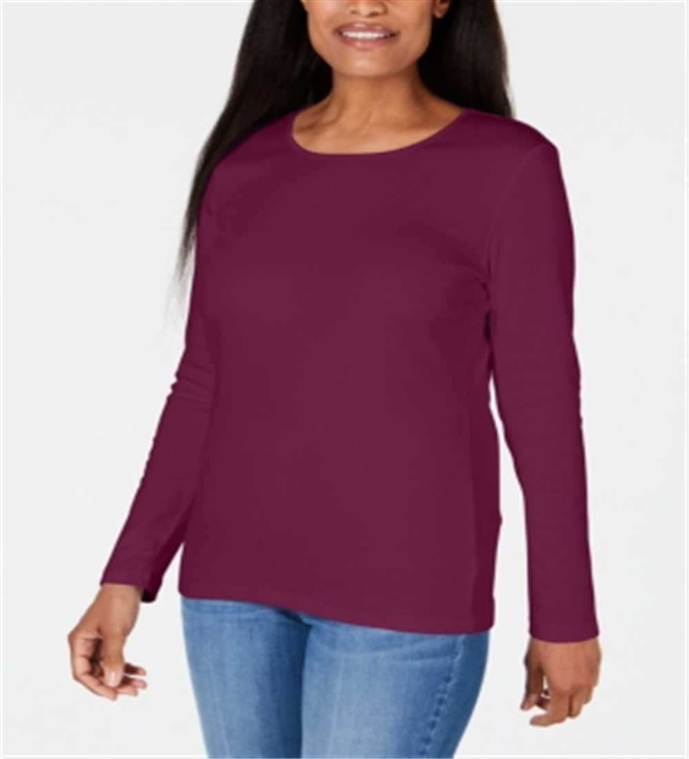 Karen Scott Women's Satin Trim Scoop Neck Top Purple Size XS