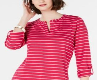 Charter Club Women's Cotton Striped Roll Tab Top Pink Size X-Large
