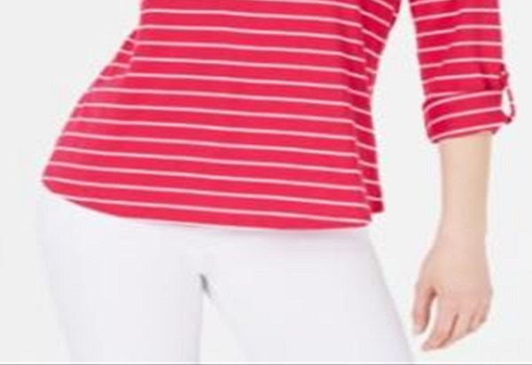 Charter Club Women's Cotton Striped Roll Tab Top Pink Size X-Large