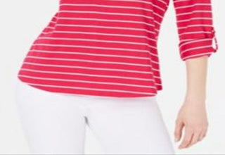 Charter Club Women's Cotton Striped Roll Tab Top Pink Size X-Large