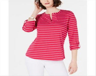 Charter Club Women's Cotton Striped Roll Tab Top Pink Size X-Large