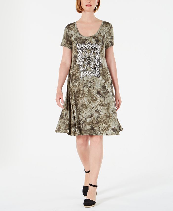 Style & Co Women's Graphic Tie Dyed Dress Green Size X-Small