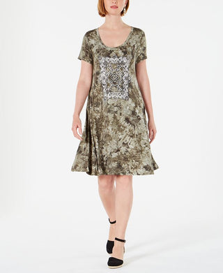 Style & Co Women's Graphic Tie Dyed Dress Green Size X-Small