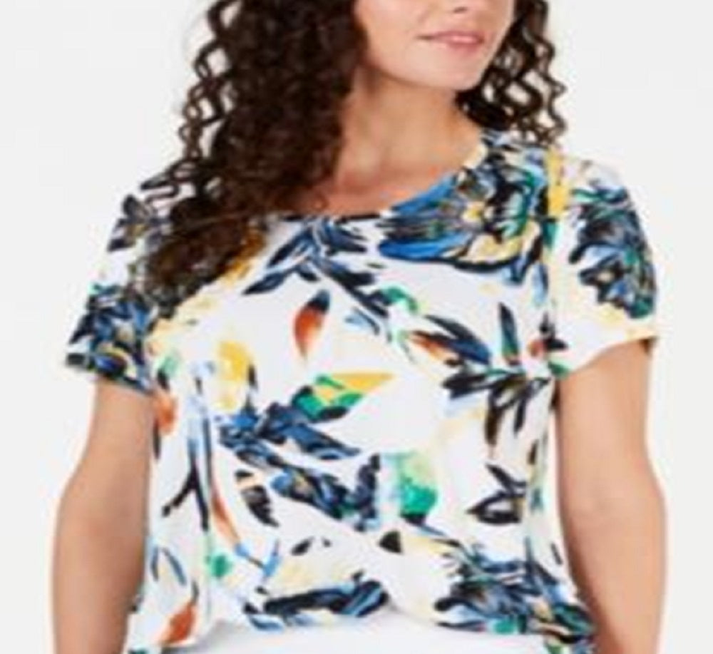 JM Collection Women's Printed Scoop Neck Top White Size Medium