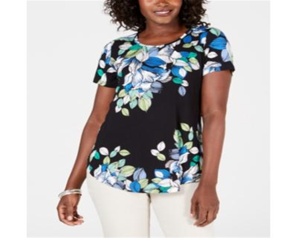 JM Collection Women's Printed Scoop Neck Top Black Size X-Large