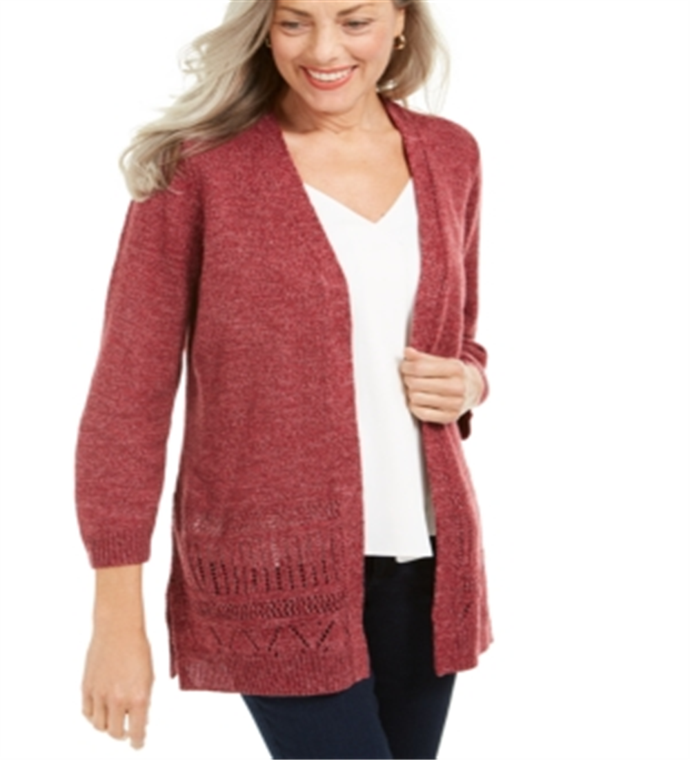 Karen Scott Women's Pointelle Marled Cardigan Red Size XX-Large