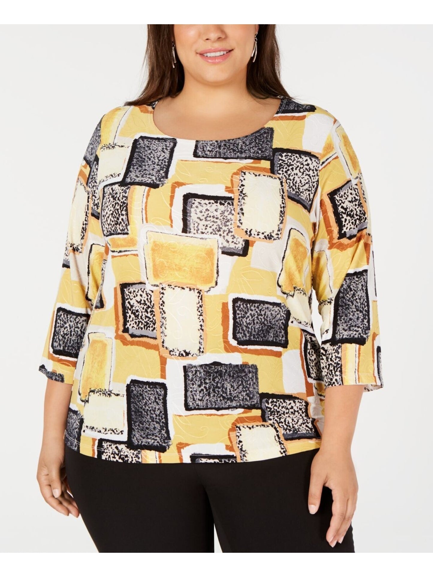 JM Collection Women's 3/4 Sleeve Printed Jacquard Top Yellow Size Medium
