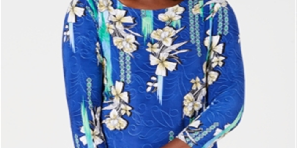 JM Collection Women's 3/4 Sleeve Printed Jacquard Top Blue Size Small
