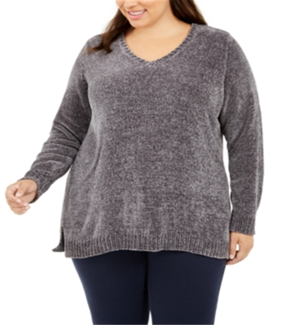 Karen Scott Women's Plus Chenille Pullover V Neck Sweater Gray Size 3X