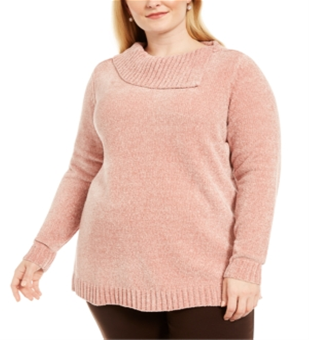Karen Scott Women's Plus Chenille Split Neck Pullover Pink Size 0X
