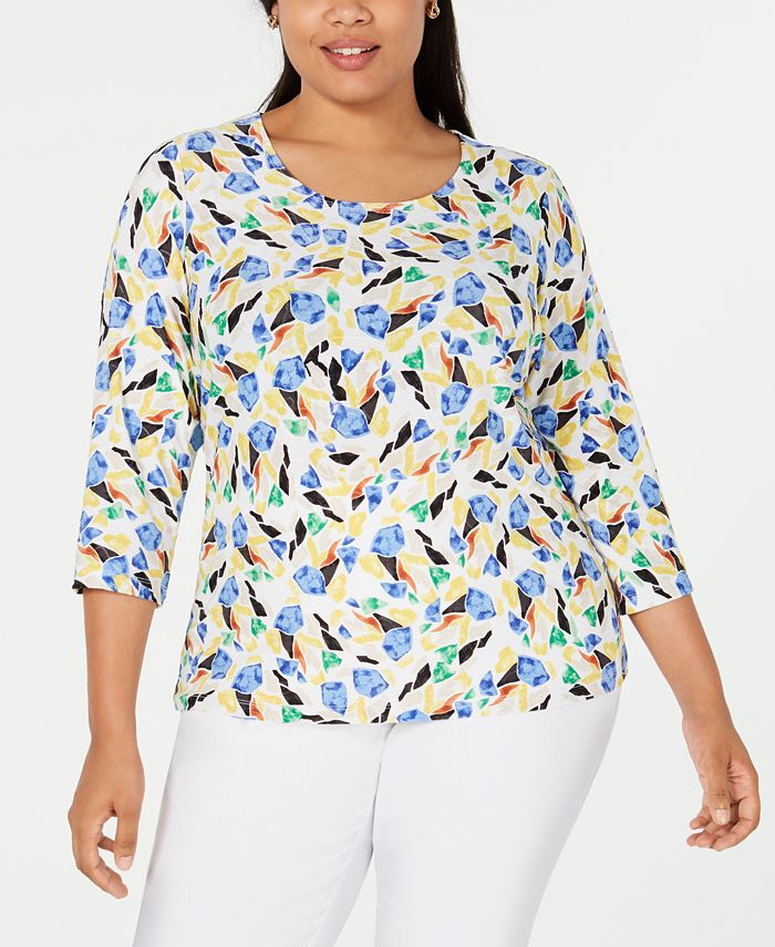 JM Collection Women's Printed Jacquard Top Yellow Size 3X