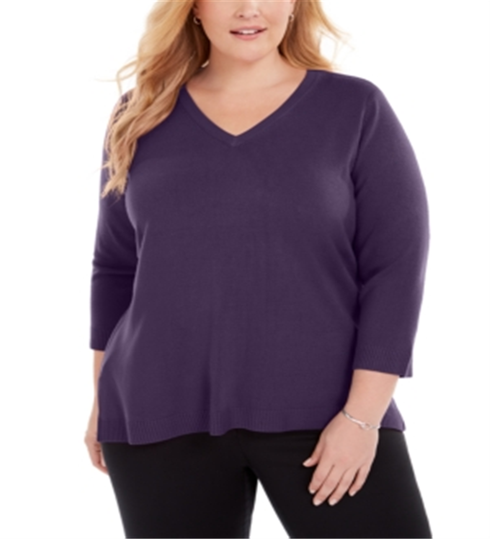 Karen Scott Women's Plus V Neck Luxsoft Sweater Purple Size 0X