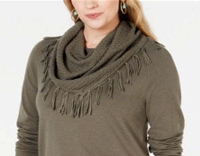 Style & Co Women's Fringe Trim Cowlneck Sweater Green Size Medium