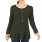 Style & Co Women's Lace Trimmed Long Sleeve Top Green Size Petite Small