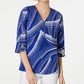 JM Collection Women's Printed Zip Front Crinkle Texture Top Blue Size Large