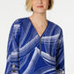 JM Collection Women's Printed Zip Front Crinkle Texture Top Blue Size Large