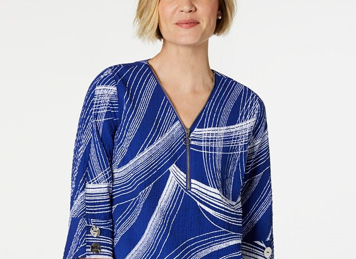 JM Collection Women's Printed Zip Front Crinkle Texture Top Blue Size Large