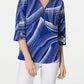 JM Collection Women's Printed Zip Front Crinkle Texture Top Blue Size Large