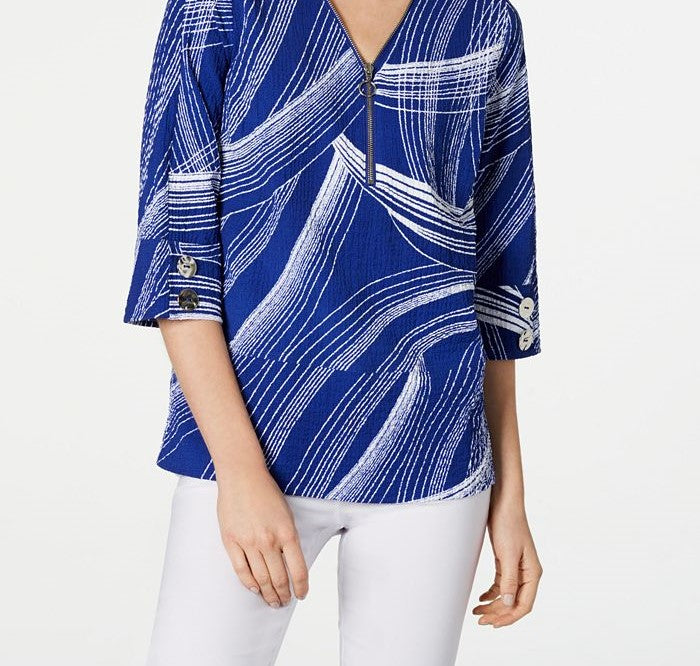 JM Collection Women's Printed Zip Front Crinkle Texture Top Blue Size Large