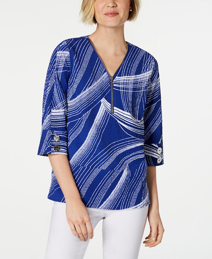 JM Collection Women's Printed Zip Front Crinkle Texture Top Blue Size XX-Large